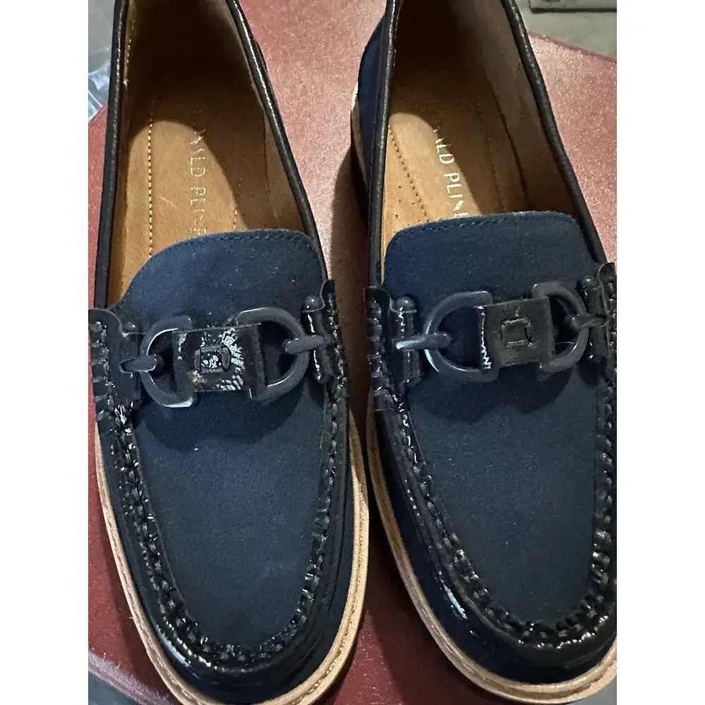 DONALD PLINER women's suede loafer color blue with black buckle size 7M EUC